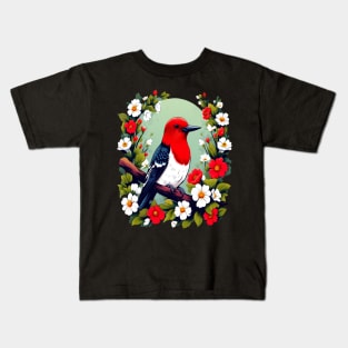 Cute Red Headed Woodpecker Surrounded by Vibrant Flowers Kids T-Shirt